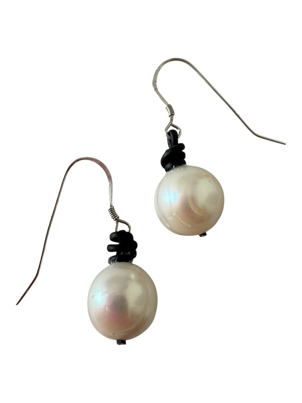 Sundance 925 Sterling Silver Baroque Pearl Black Leather Drop Earrings NEW